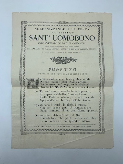 Solennizzandosi la festa del glorioso Sant'Uomobono dall'Università de' Sarti di Carmagnola...Sonetto dedicato ai divoti del medesimo Santo